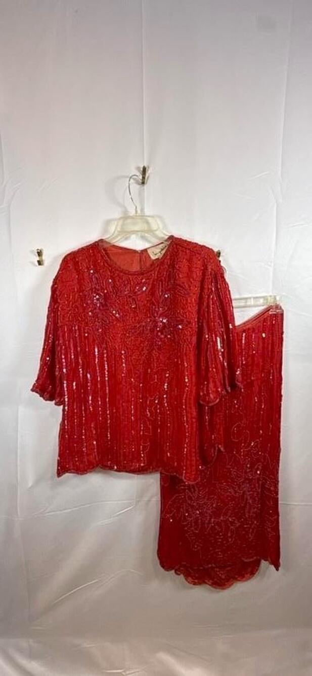 Vtg 90s Red Silk Beaded Sequin Skirt Set Plus Size 1X 2X Cocktail Dress Evening